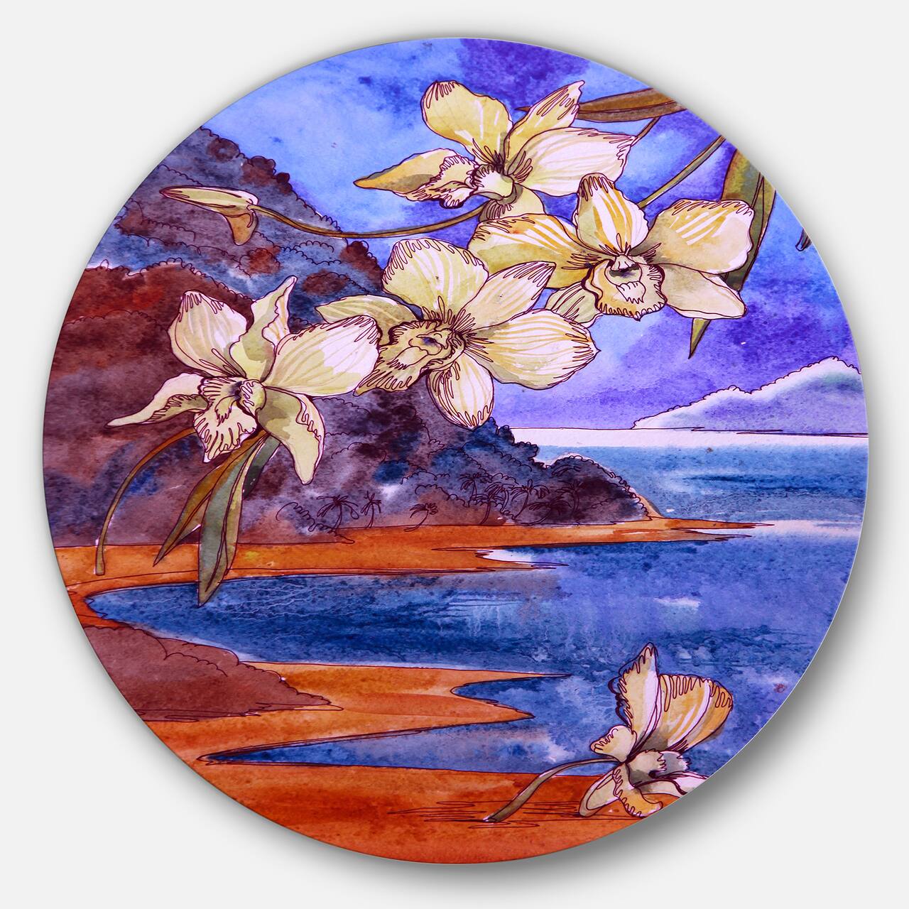 Designart - White Orchid with Sea' Floral Circle Metal Wall Art